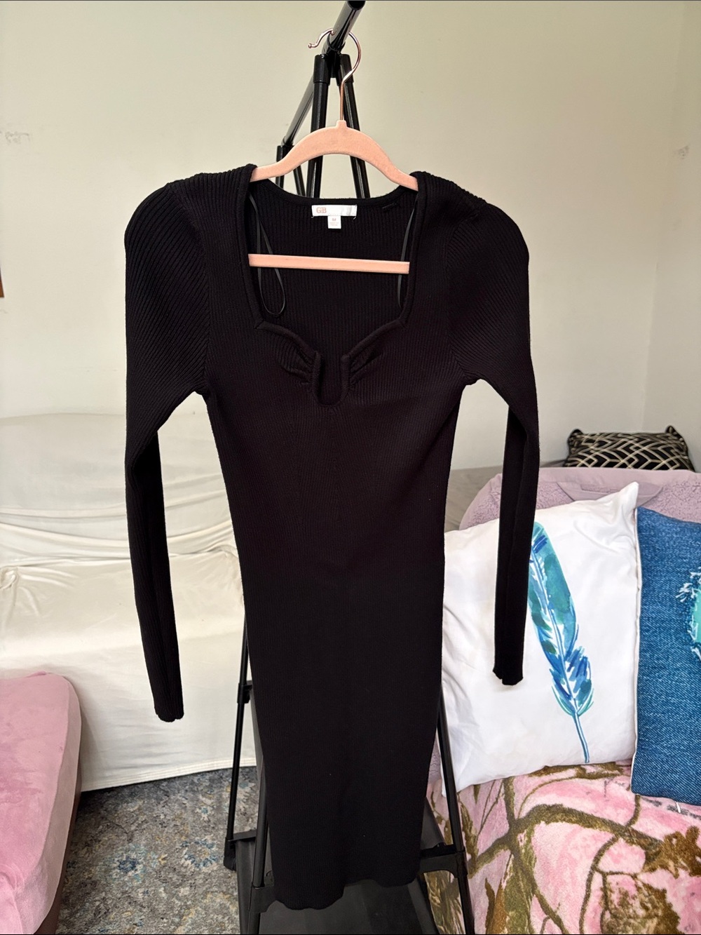 GBG Los Angeles Black Ribbed Midi Dress with Square Neck
